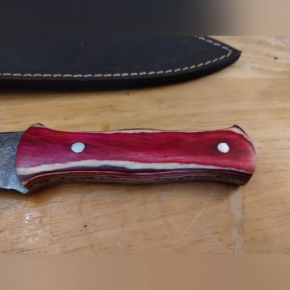 New Mens Red Damascus Steel Blade Knife Double Edged Dagger with Sheath - Picture 3 of 10